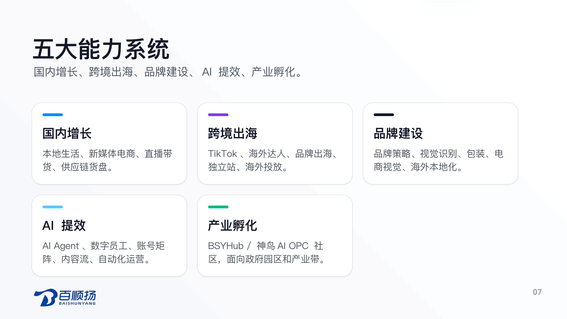 第 7 页：五大能力系统 国内增长、跨境出海、品牌建设、AI 提效、产业孵化。 国内增长 本地生活、新媒体电商、直播带货、供应链货盘。 跨境出海 TikTok、海外达人、品牌出海、独立站、海外投放。 品牌建设 品牌策略、视觉识别、包装、电商视觉、海外本地化。 AI 提效 AI Agent、数字员工、账号矩阵、内容流、自动化运营。 产业孵化 BSYHub / 神鸟AI OPC 社区，面向政府园区和产业带。 07