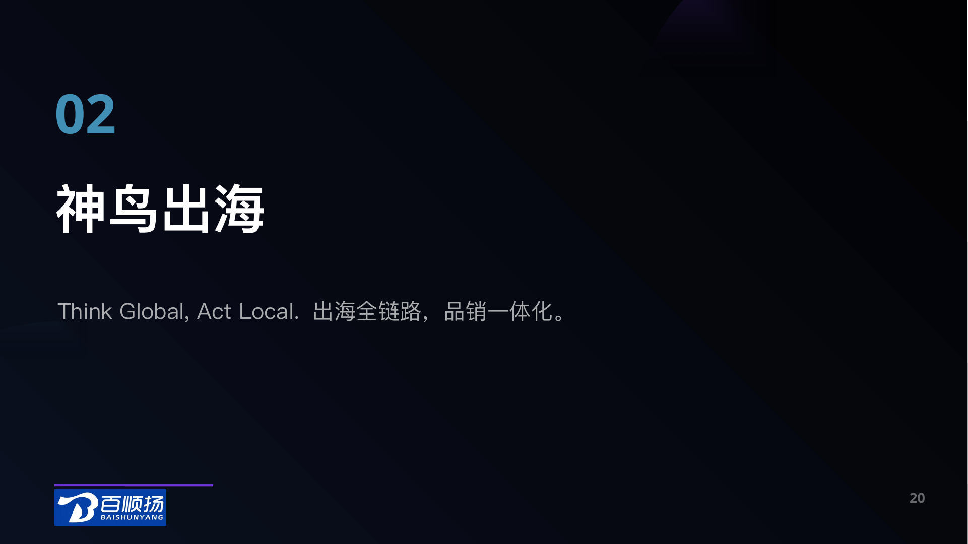 第 20 页：02 神鸟出海 Think Global, Act Local. 出海全链路，品销一体化。 20