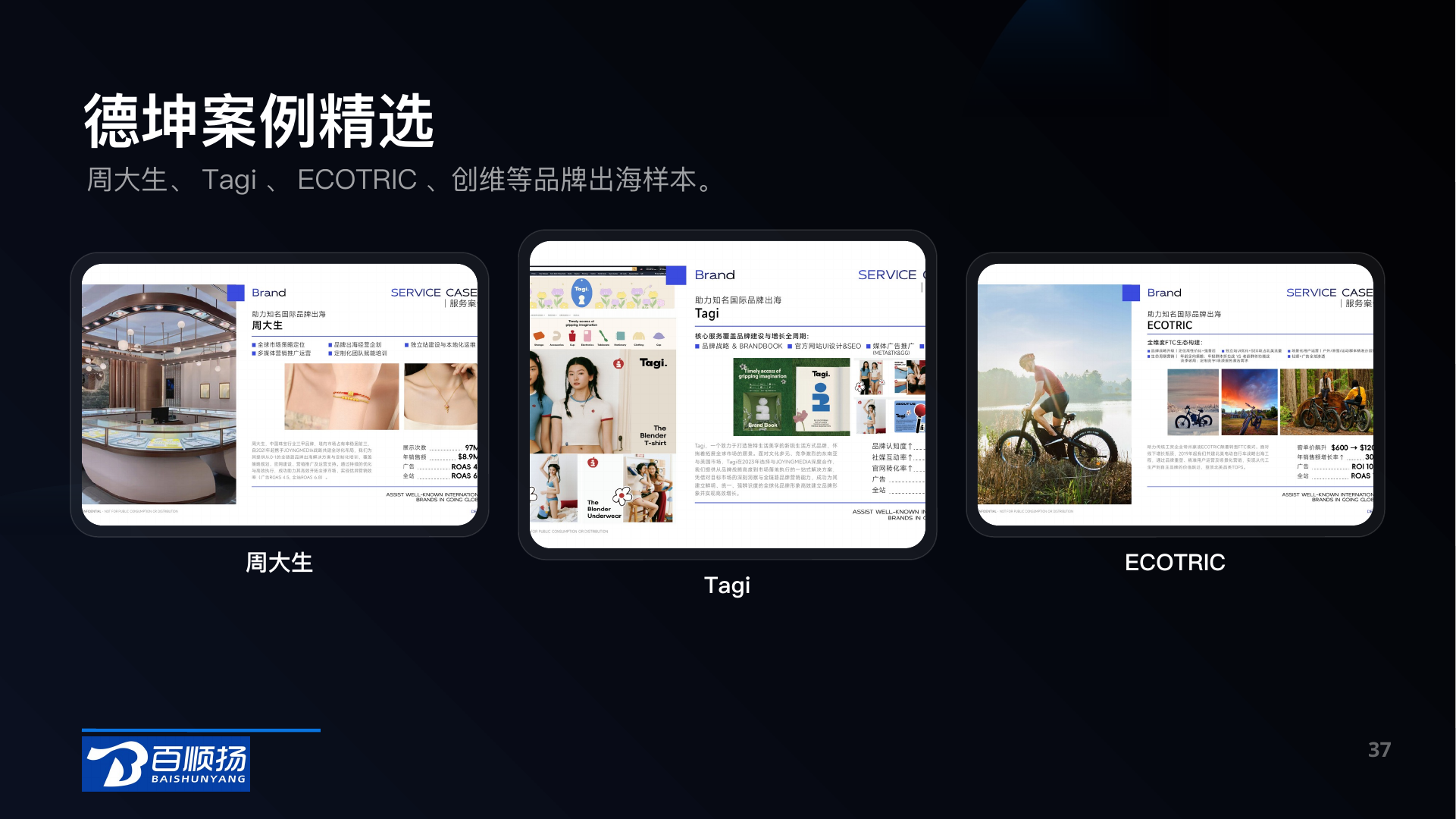 第 37 页：德坤案例精选 周大生、Tagi、ECOTRIC、创维等品牌出海样本。 周大生 Tagi ECOTRIC 37