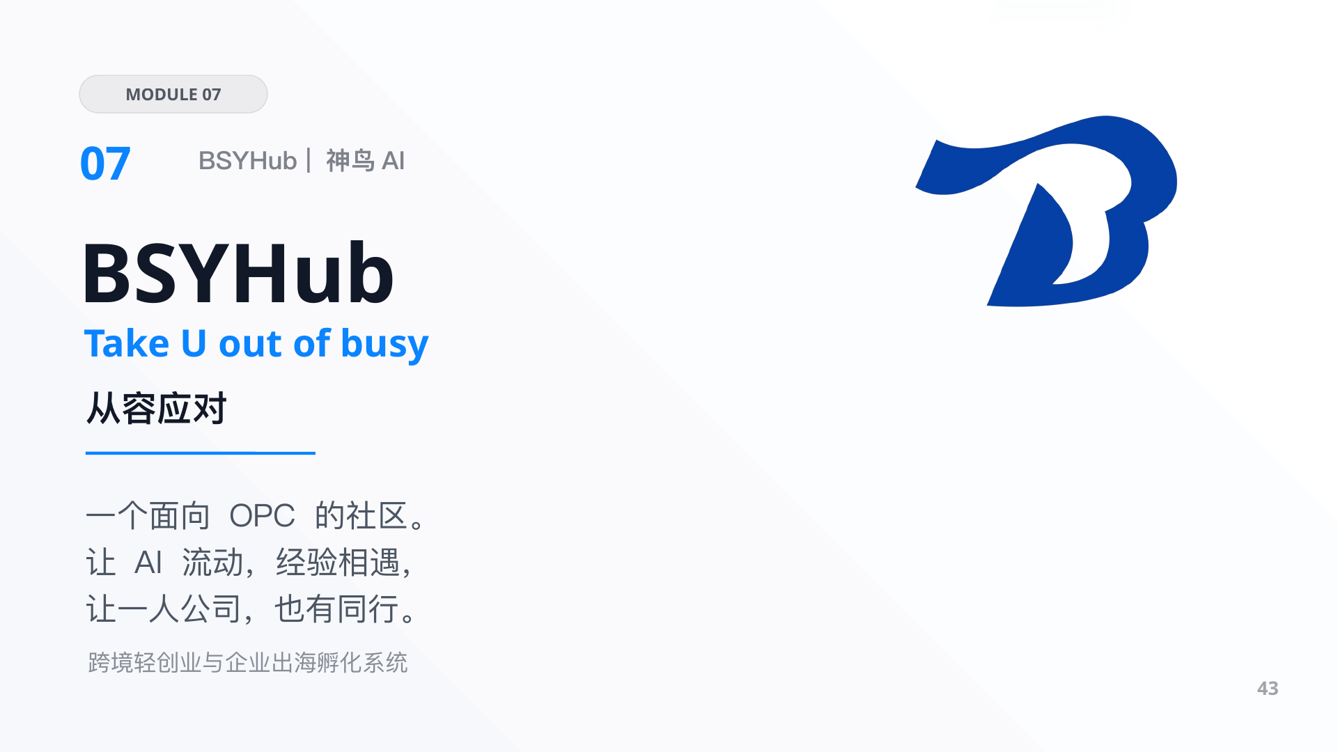 第 43 页：MODULE 07 07 BSYHub | 神鸟AI BSYHub Take U out of busy 从容应对 一个面向 OPC 的社区。 让 AI 流动，经验相遇， 让一人公司，也有同行。 跨境轻创业与企业出海孵化系统 43