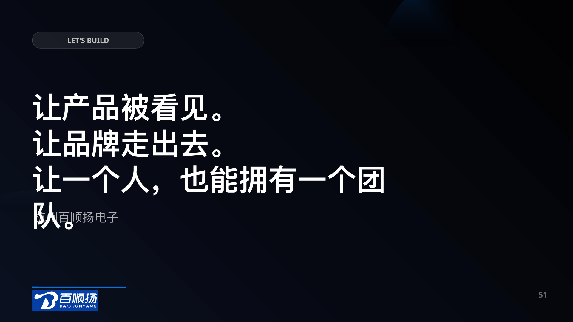 第 51 页：LET'S BUILD 让产品被看见。 让品牌走出去。 让一个人，也能拥有一个团队。 杭州百顺扬电子 51